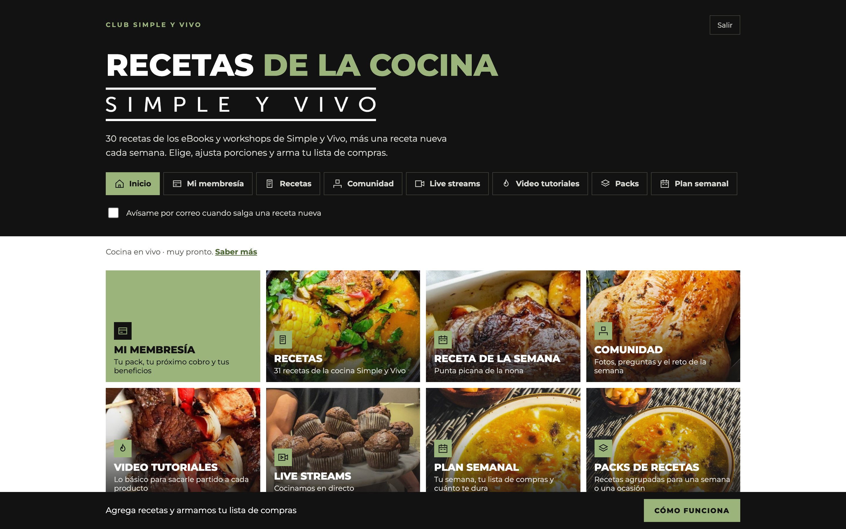 El Club en el computador, con recetas, membresía, comunidad y plan semanal