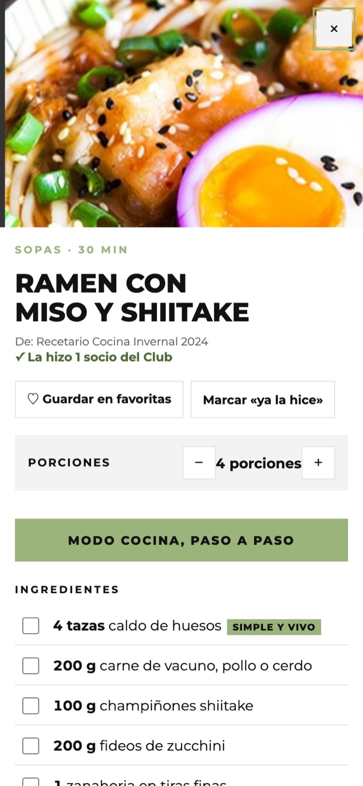 Una receta del Club en el teléfono, con porciones ajustables y modo cocina