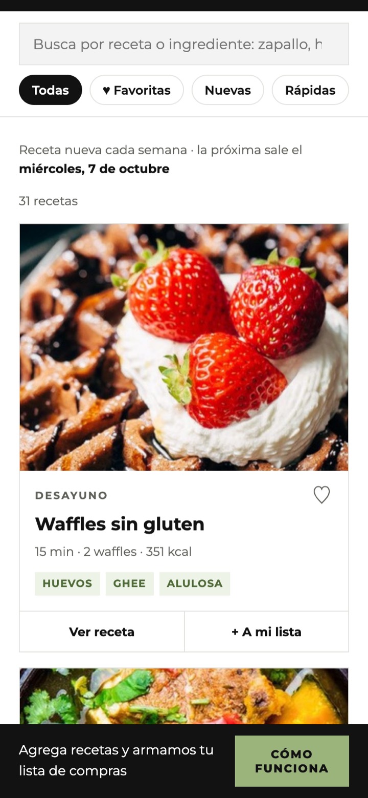 Pantalla de recetas del Club